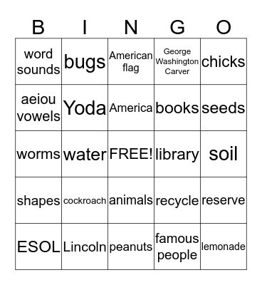 Towa's First Grade Bingo Game Bingo Card