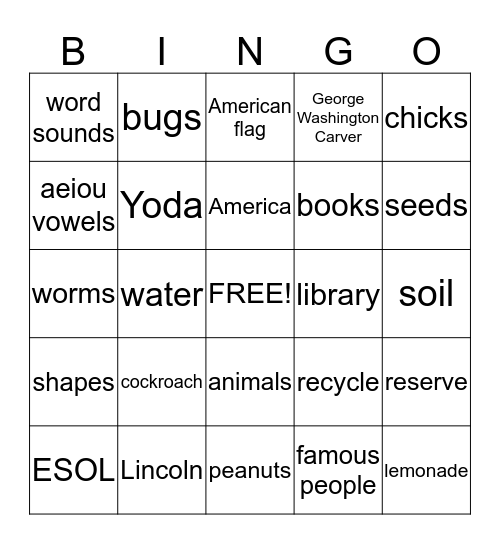 Towa's First Grade Bingo Game Bingo Card