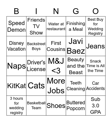 Mary and Josh Wedding Party Bingo Card