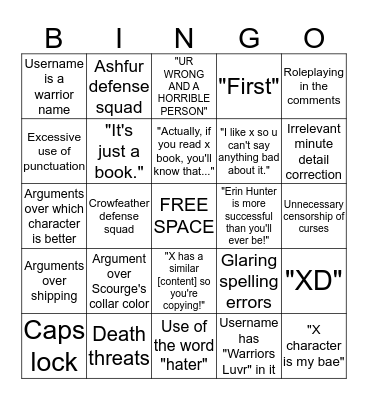 WARRIOR CATS FANDOM COMMENT BINGO Card