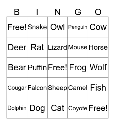 Animals Bingo Card