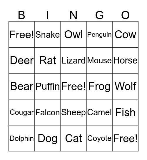 Animals Bingo Card