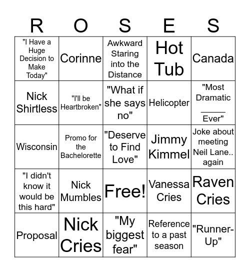 Bachelor Bingo Card