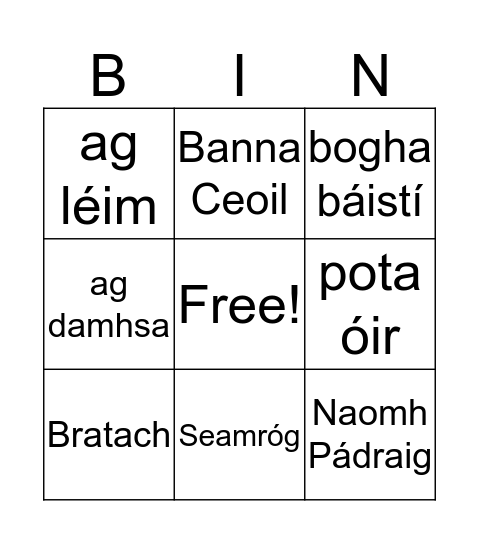 Lá Fhéile Pádraig Bingo Card