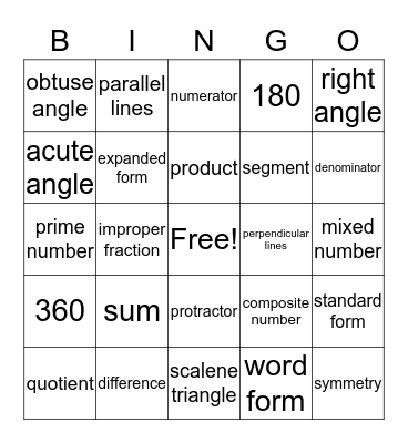 Math Vocabulary #1 Bingo Card