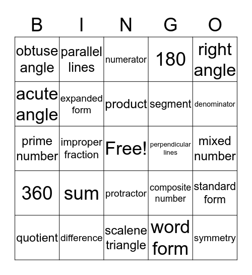 Math Vocabulary #1 Bingo Card