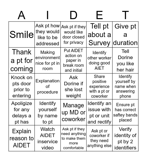 AIDET Bingo Card