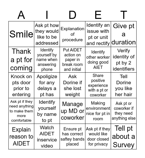 AIDET Bingo Card