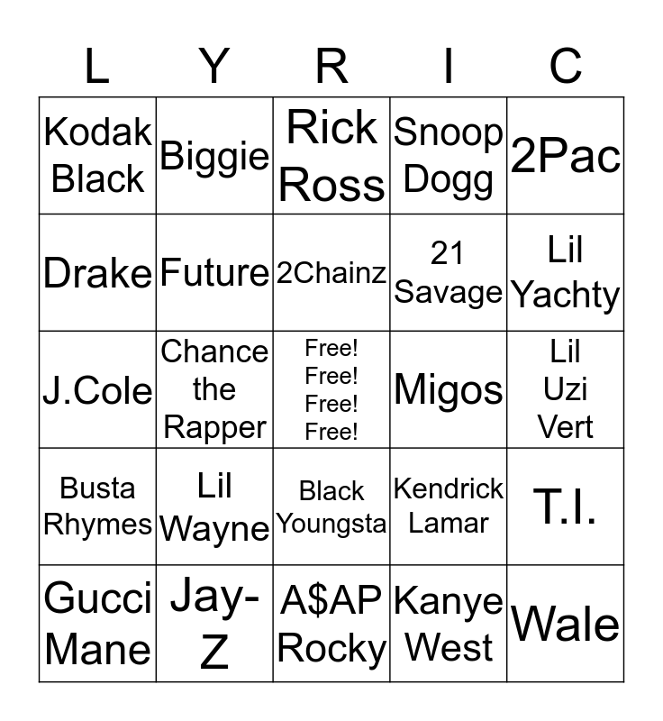 Hip Hop Bingo Card