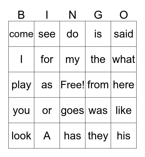 Sight Word Bingo Card