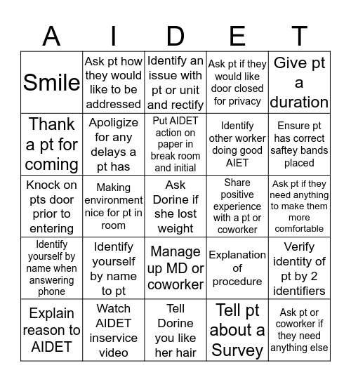 AIDET Bingo Card
