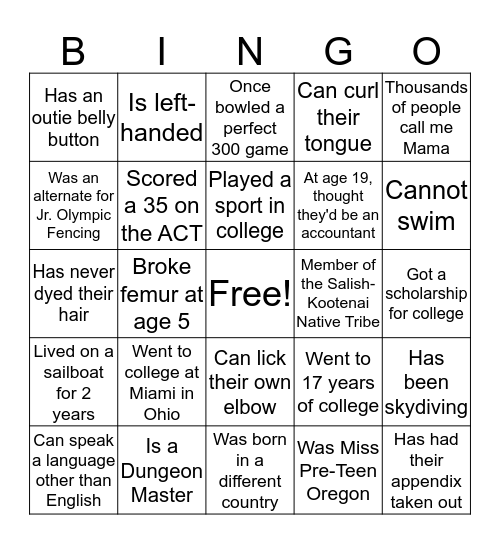 Westside Story Spring 2017 Bingo Card