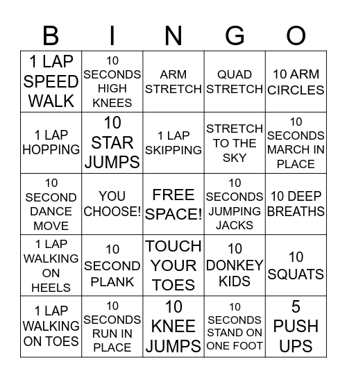 EXERCISE BINGO! Bingo Card