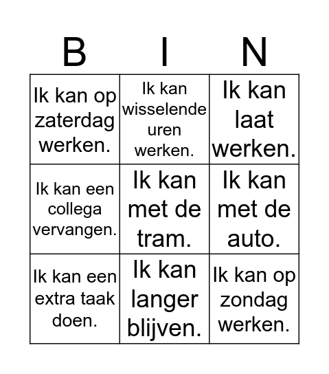 flexibiliteit Bingo Card