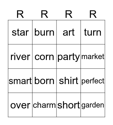 R-controlled Bingo Card Bingo Card