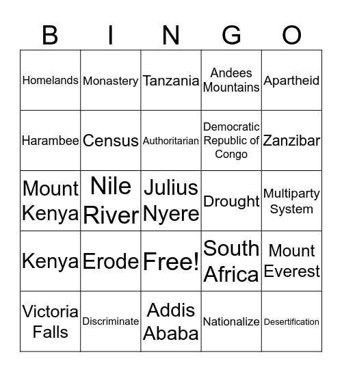 Africa Chapter 5 through 7  Bingo Card