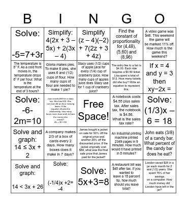 7th Grade Bingo Review  Bingo Card