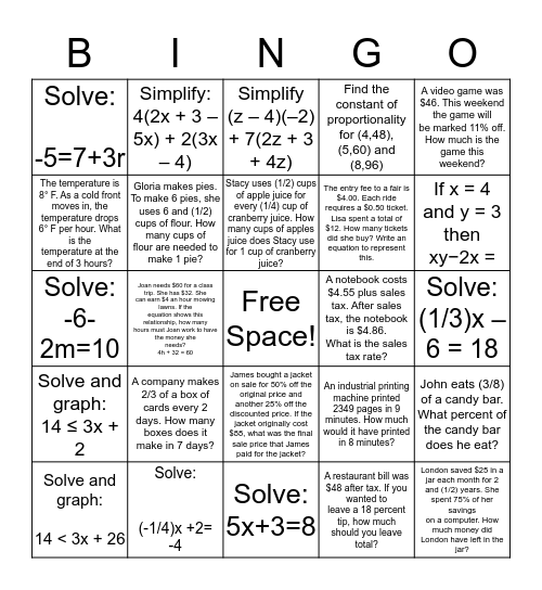 7th Grade Bingo Review  Bingo Card