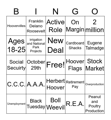Post-WWI Bingo Card