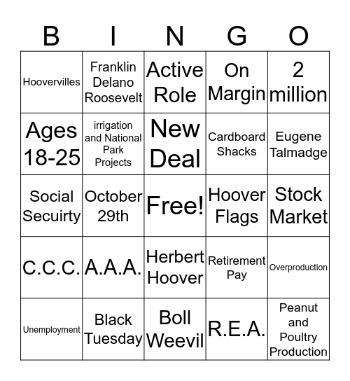 Post-WWI Bingo Card