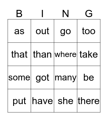 sight words Bingo Card