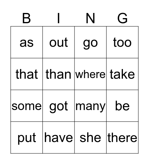 sight words Bingo Card