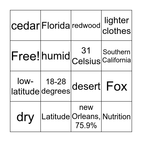 humid and dry climates Bingo Card