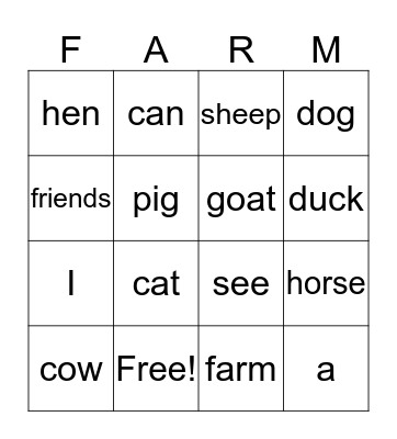 Farm Friends Bingo Card