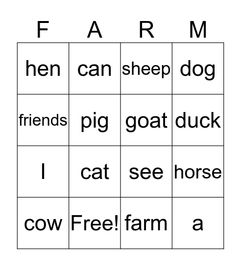 Farm Friends Bingo Card