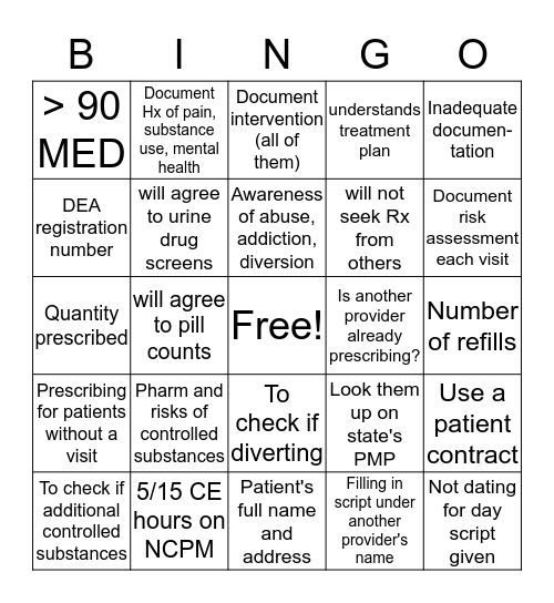 Prescribing Controlled Substances Bingo Card