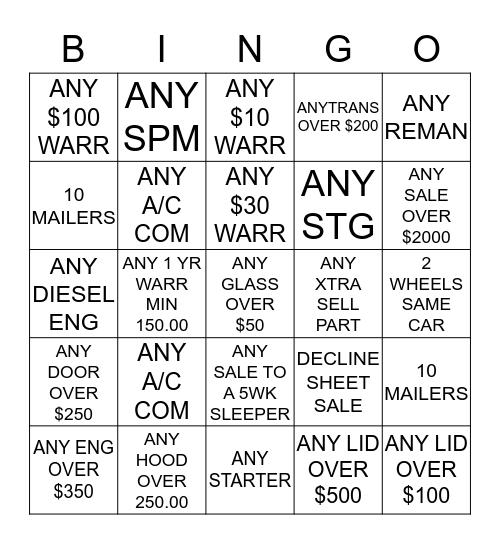 LKQ Bingo  Bingo Card