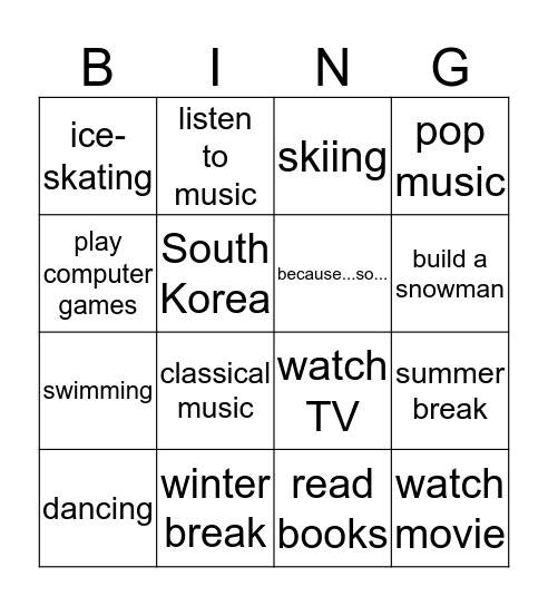 Holidays+Hobbies Bingo Card