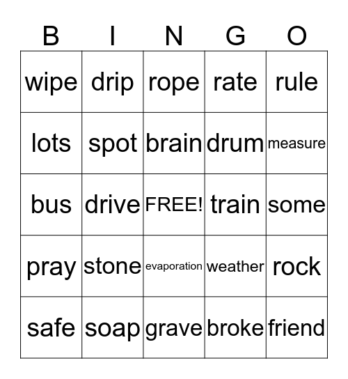 Spelling Word Bingo Card