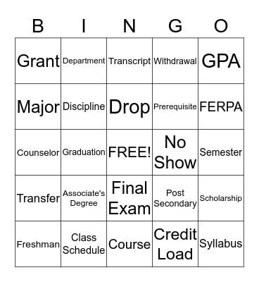 College Survival Vocabulary Bingo Card