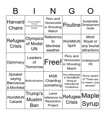 WorldMUN Opening/Closing Ceremony Bingo Card