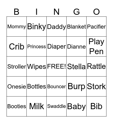 Princess Stella Baby Shower Bingo Card