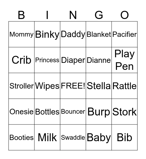 Princess Stella Baby Shower Bingo Card