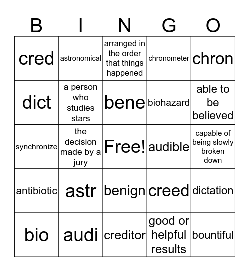 Root Words Bingo Card