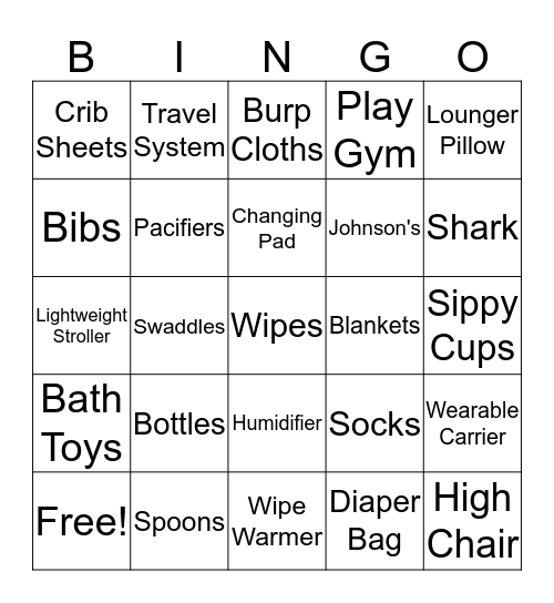 Gabby's Baby Shower Bingo Card