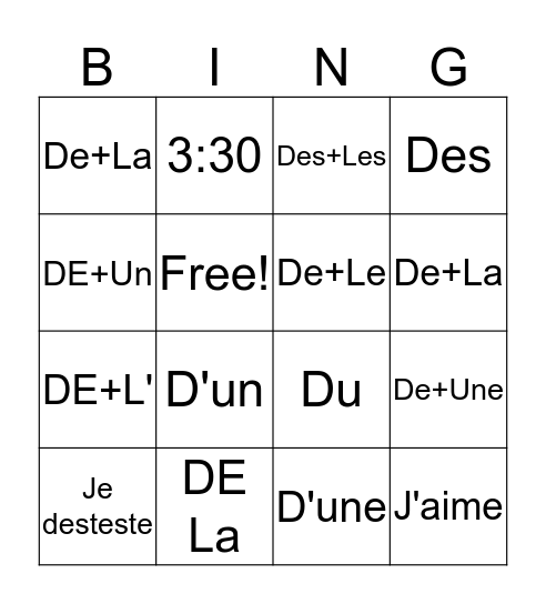 Contractions with DE Bingo Card