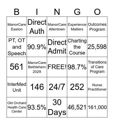 ManorCare BINGO Card