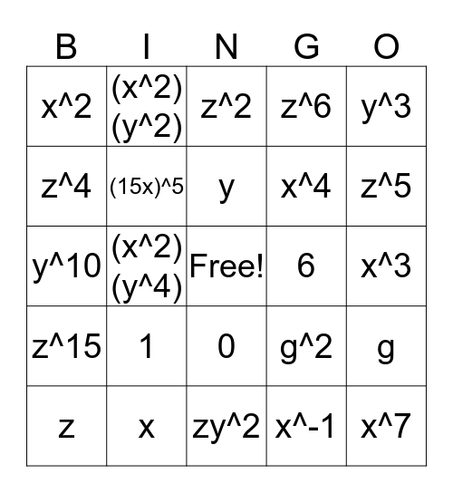 Exponent  Review  Bingo Card