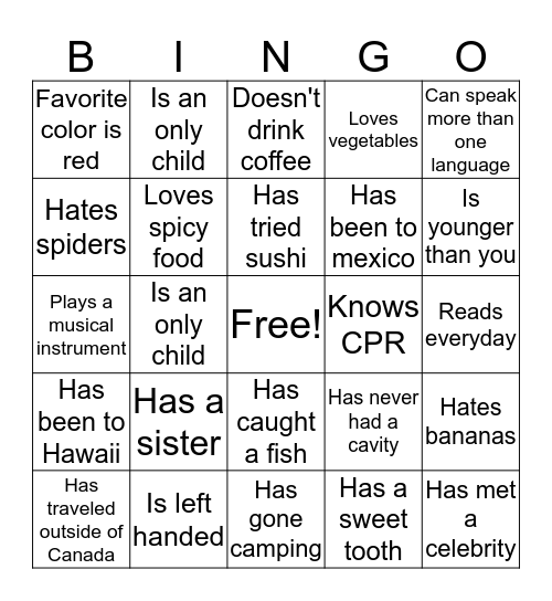 Get to Know You Bingo Card