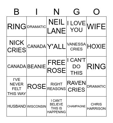 Nick's Final Rose Bingo Card