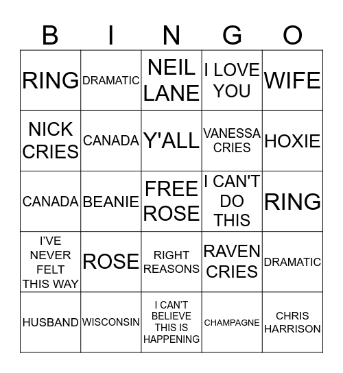 Nick's Final Rose Bingo Card