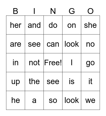 sight words A Bingo Card