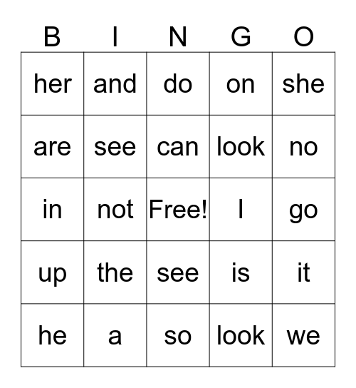 sight words A Bingo Card