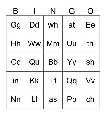 Letter sounds and names, beginning sounds, short words Bingo Card