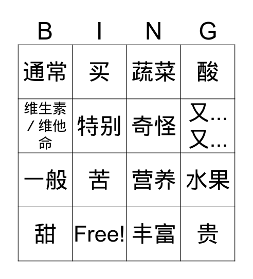 水果和蔬菜 （中文） Bingo Card