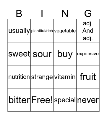 水果和蔬菜（英文） Bingo Card